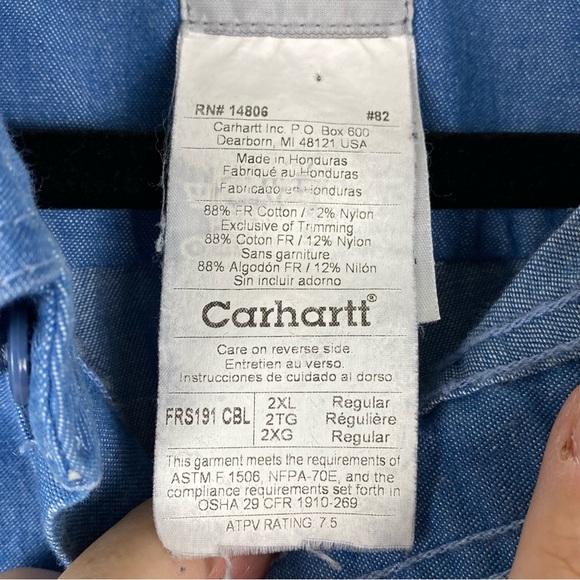 Carhartt Flame Resistance Shirt Sz 2X Blue Chambray Long Sleeve Pockets FRS191 - Picture 9 of 10